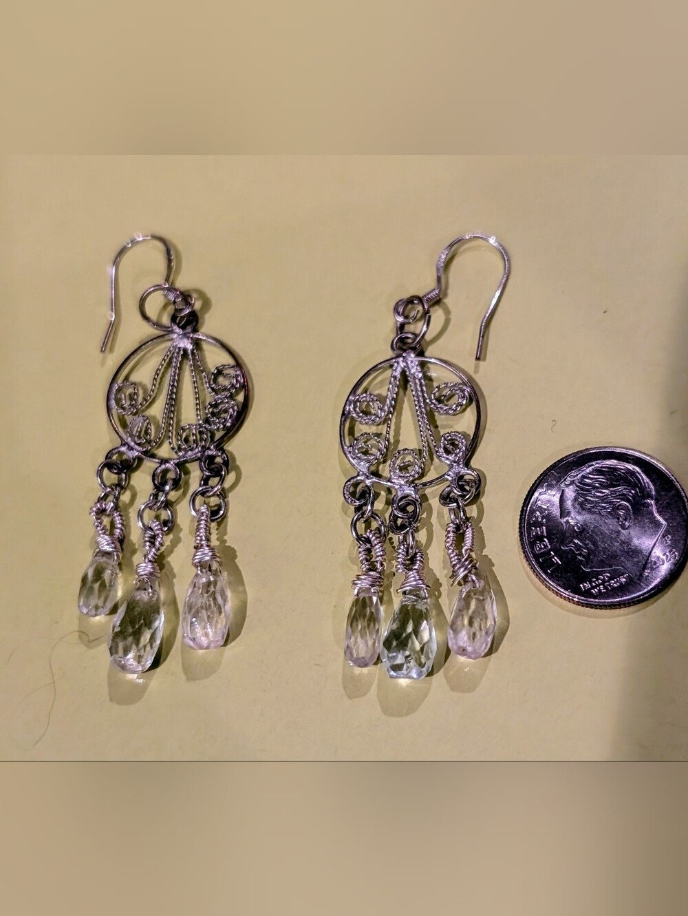 Silver-Tone Dangle Filigree Earrings with Clear Crystal Drops - Unbranded